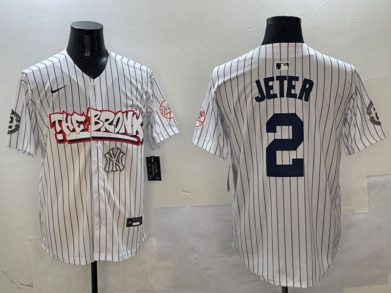 Men New York Yankees 2 Jeter White Stripe four generations Joint Name 2025 Nike MLB Jersey style 7